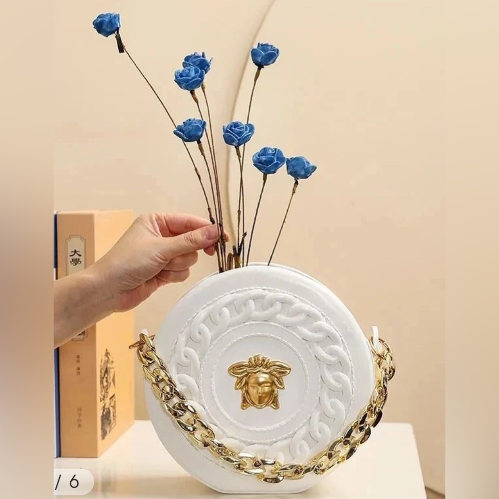 Medusa Fashion Inspired Ceramic Bag Vase / Holder with Gold Chain
